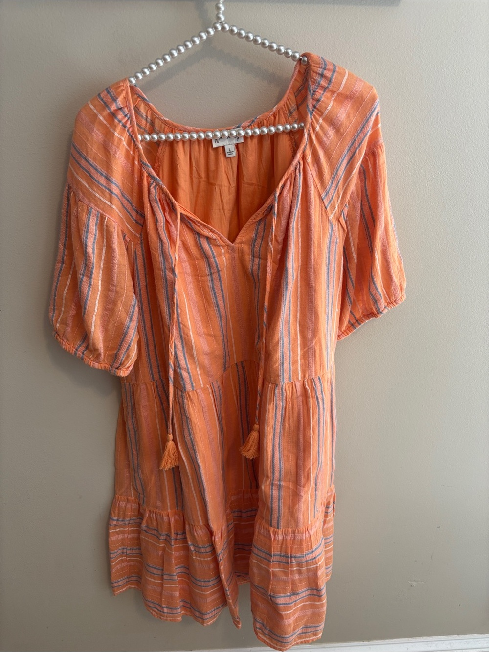 Wonderly Dress Large L Orange Striped Split Neck Mini Tiered Tassel Boho Summer